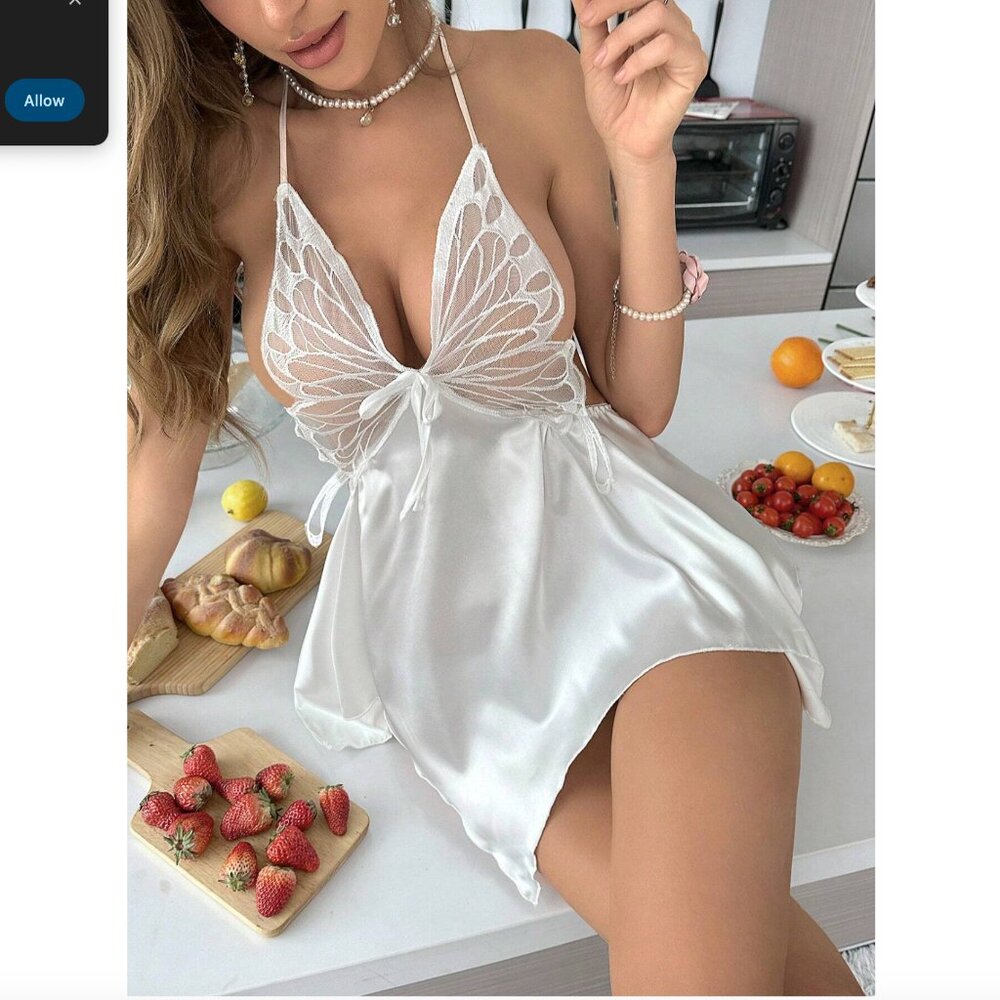 Silky Sexy Halter Neck Butterfly & Flower Lace Trim Lingerie Nightdress S